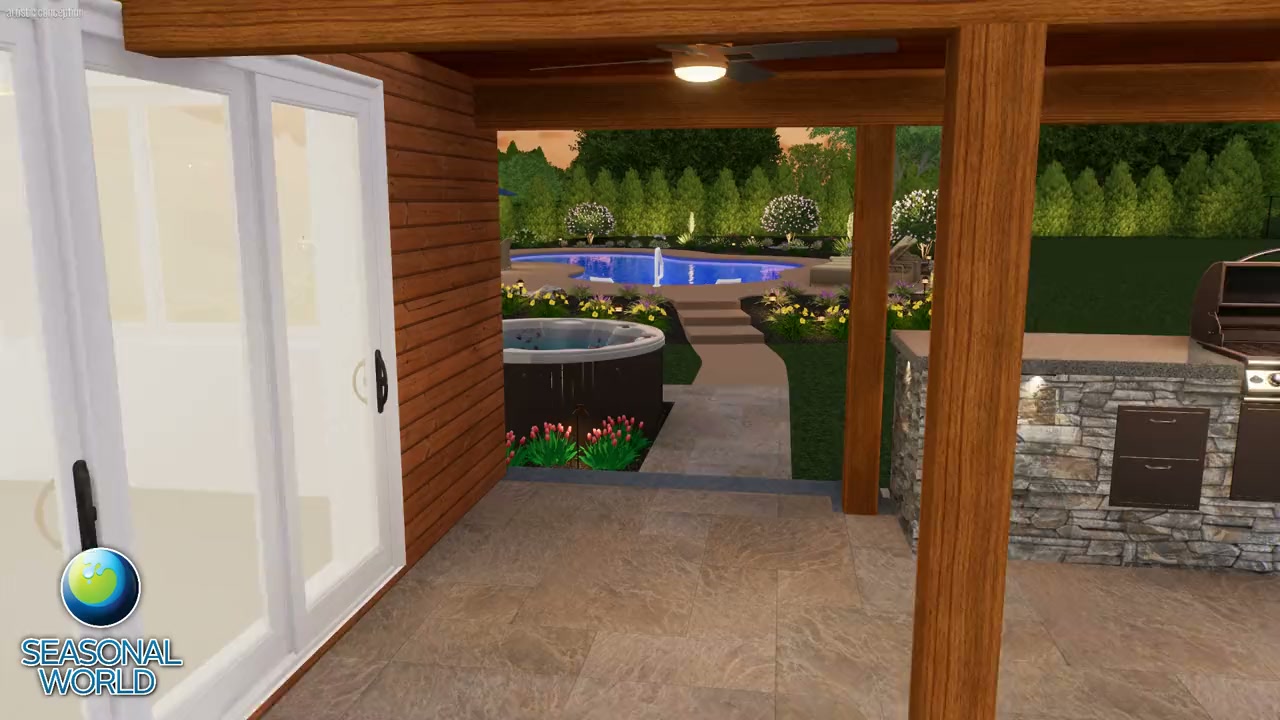 3D rendering of a custom Seasonal World pool design with hardscape, lighting, and landscaping