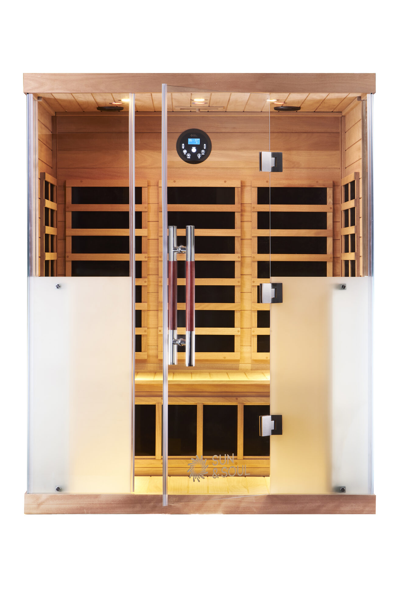 Sun & Soul Sun 3i three-person infrared sauna — eco-certified mahogany cabin with glass front and warm interior lighting