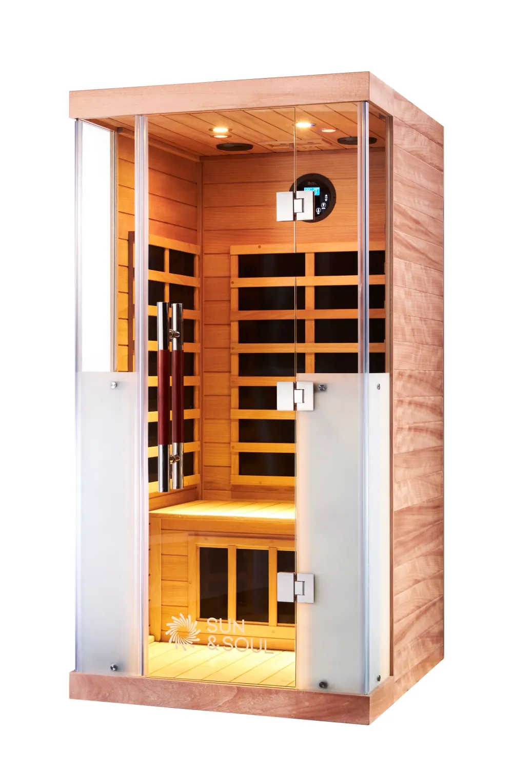 Sun 1i infrared sauna — angled view, glass front and door