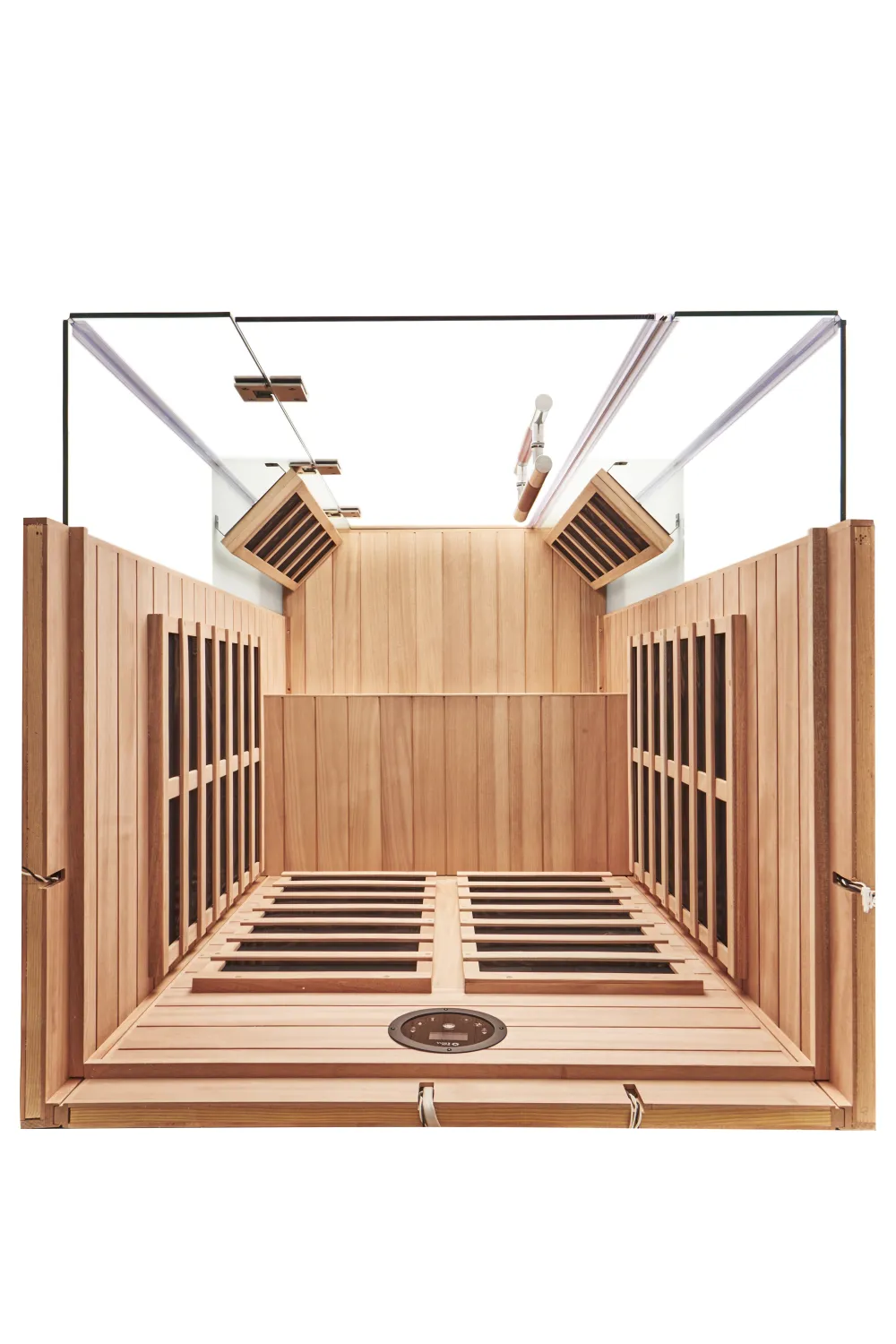 Sun 2i infrared sauna — interior view, two-person bench and infrared heaters