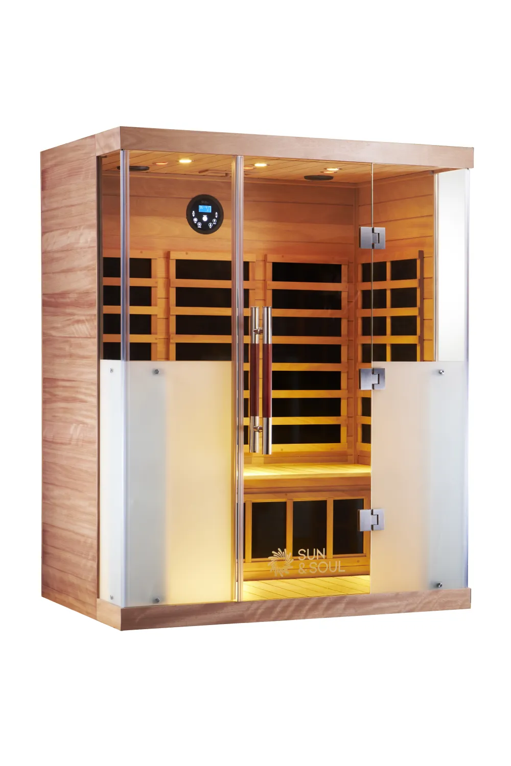 Sun 3i infrared sauna — angled view, glass front and door