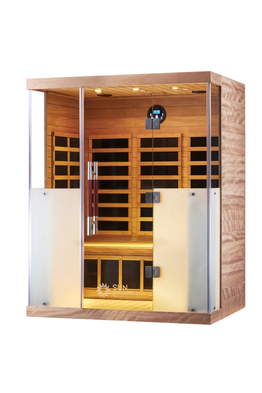 Sun 3i infrared sauna — glass front with warm interior lighting